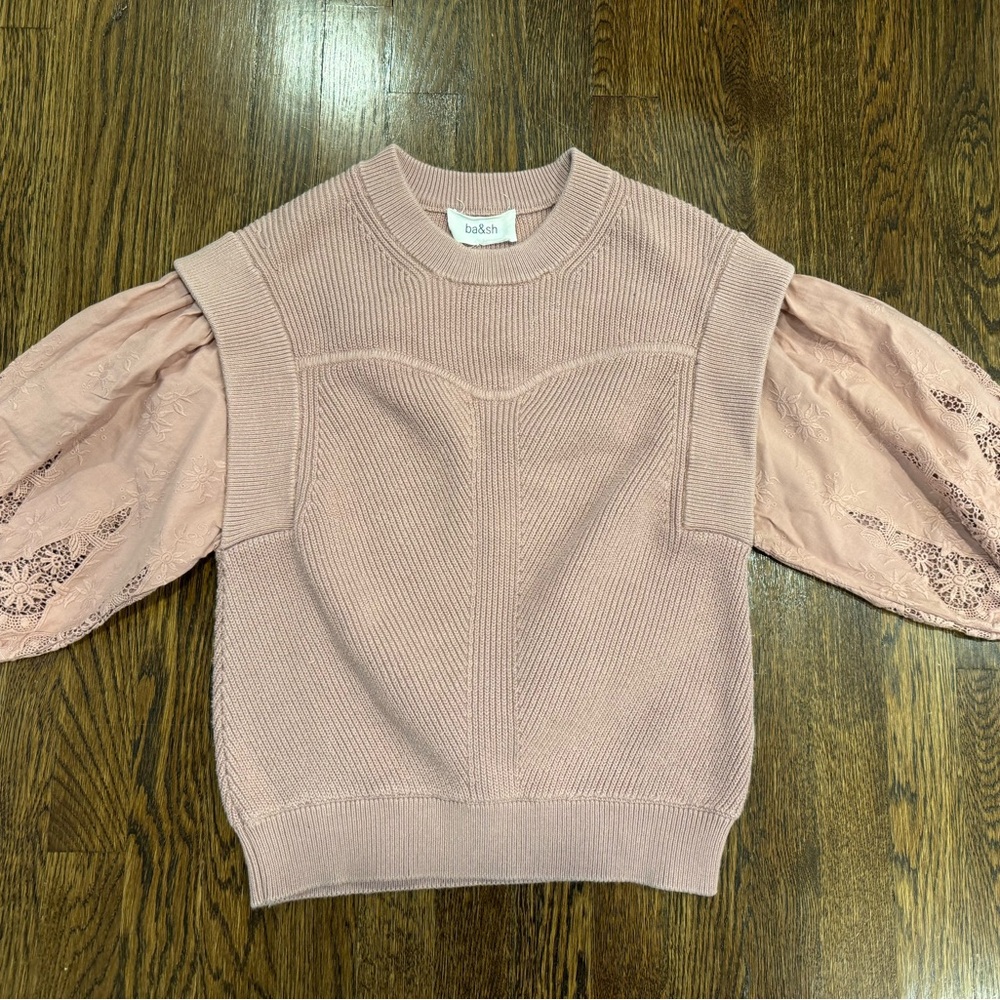 ba&sh Samoa Pink Embroidered Knit Lace Puff Sleeve Sweater Blouse Top Sz 2 US 6 - Picture 2 of 10